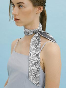 Ven&Qu Paisley Garden-Slate Grey Long Twilly Silk Scarf