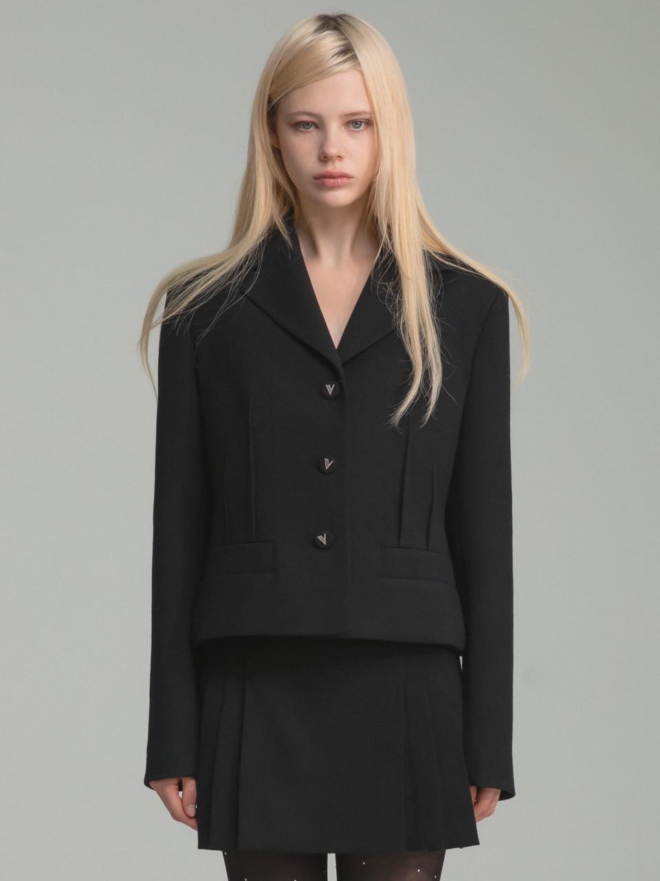 vente 3 Button Pintuck Wool Jacket Black