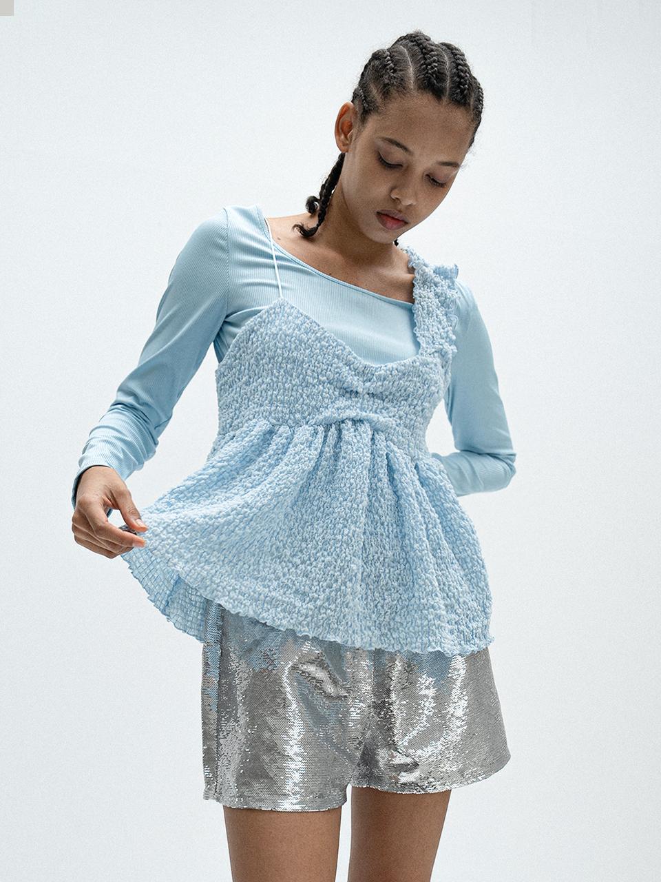 vente Asymmetry Sheer Bubble Top Baby Sky Blue