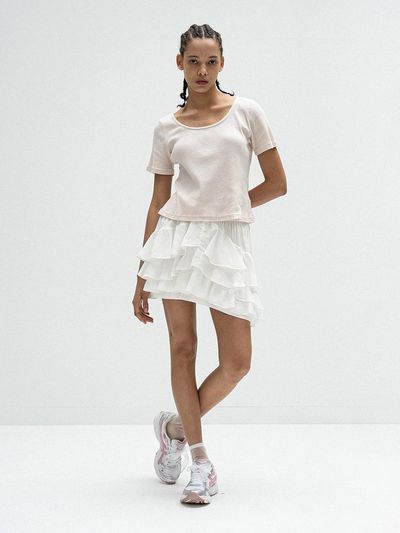 vente Cotton & Silk Tiered Mini Skirt Off-white