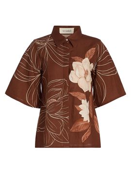 Verandah Women's Ammama Floral Linen-Cotton Bell-Sleeve Shirt