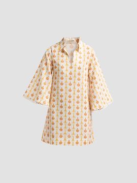 Verandah Women's Lotus Print Linen-Cotton Mini Kaftan Dress