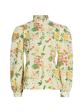 Verandah Women's Pushpanjali Floral Cotton Ruffle Collar Shirt