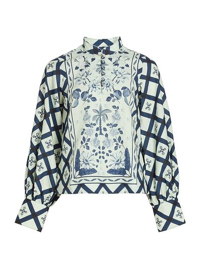 Verandah Women's Pushpanjali Printed Linen-Cotton Tunic Blouse