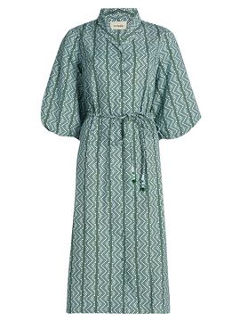 Verandah Women's Toda Tie-Waist Printed Cotton Poplin A-Line Shirtdress