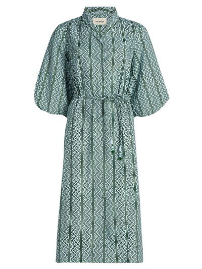 Verandah Women's Toda Tie-Waist Printed Cotton Poplin A-Line Shirtdress