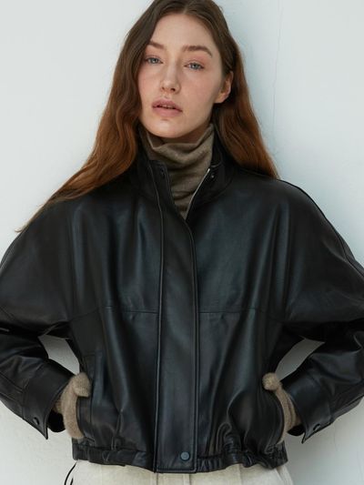 VERDEMAR Italian nappa Leather High-neck short jumper_Black