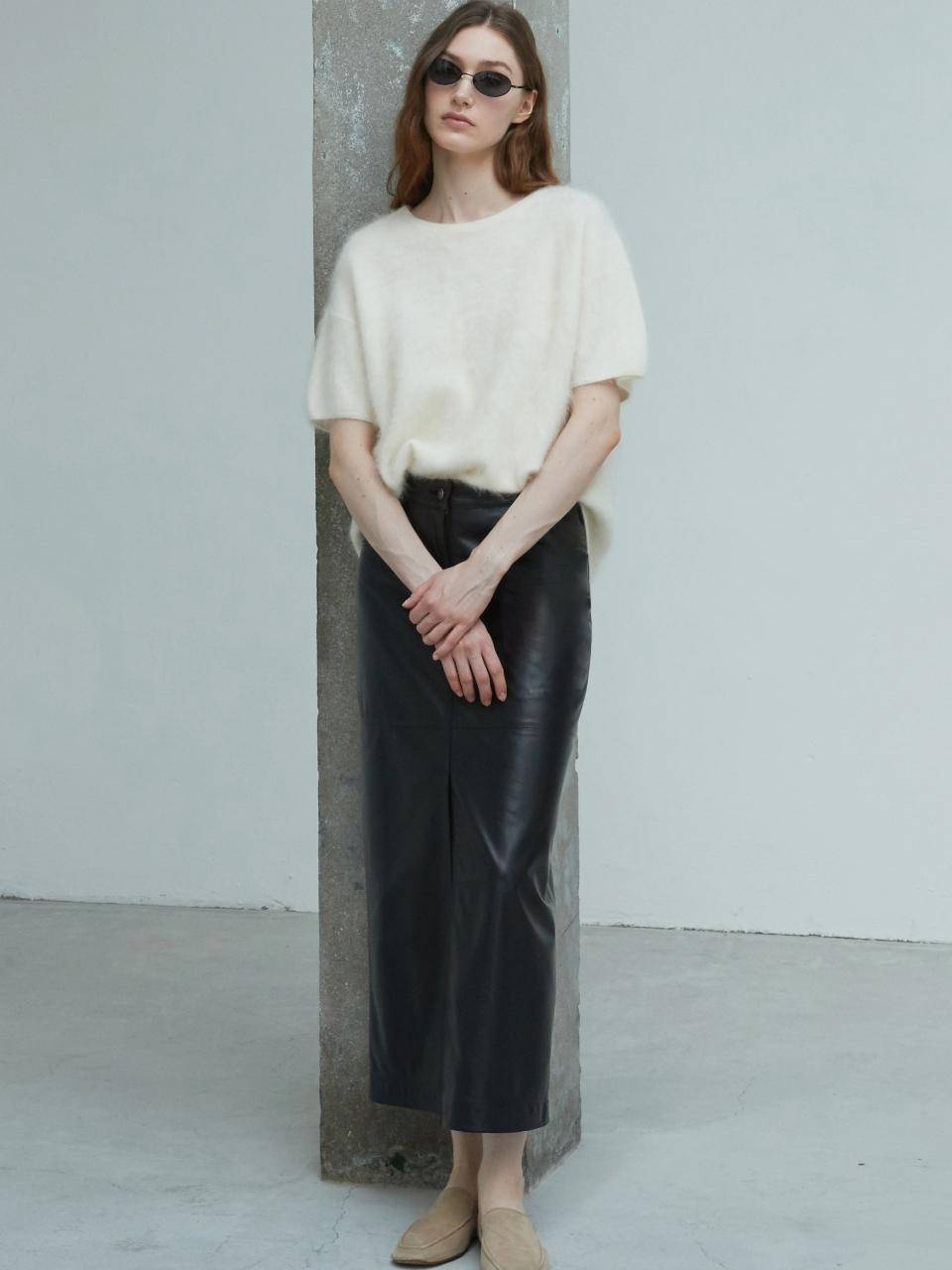 VERDEMAR Italian nappa Leather Slit Long Skirt_Black