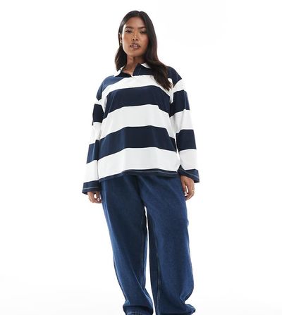 Vero Moda Curve Vero Moda Curve barrel leg jeans in dark blue denim-Navy