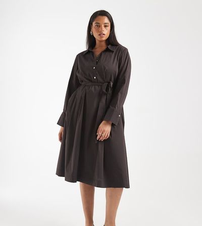 Vero Moda Curve Vero Moda Curve belted poplin midi shirt dress in chocolate-Brown