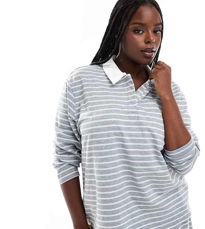 Vero Moda Curve Vero Moda Curve jersey polo top in gray stripe - part of a set