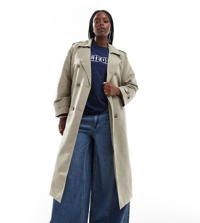 Vero Moda Curve Vero Moda Curve longline belted trench coat in stone-Neutral