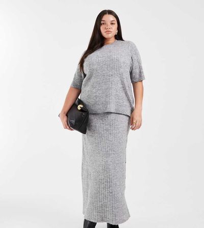 Vero Moda Curve Vero Moda Curve rib knit midi skirt in heather gray - part of a set