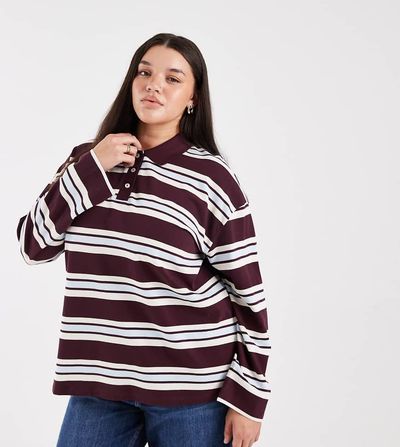 Vero Moda Curve Vero Moda Curve rugby polo shirt in burgundy and soft blue striped print-Red