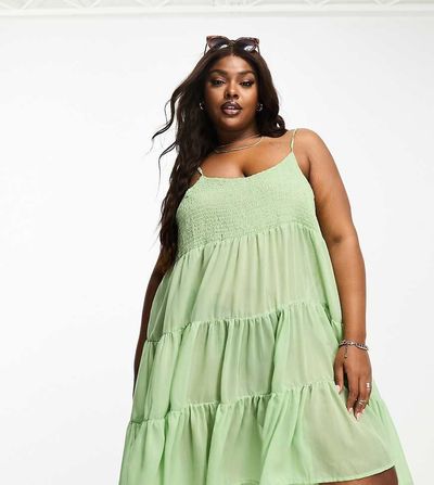 Vero Moda Curve Vero Moda Curve shirred strappy beach mini dress in sage green