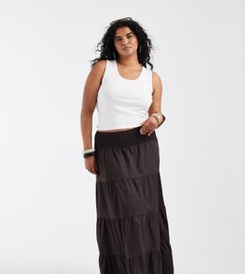 Vero Moda Curve Vero Moda Curve shirred waist tiered boho maxi skirt in chocolate-Brown