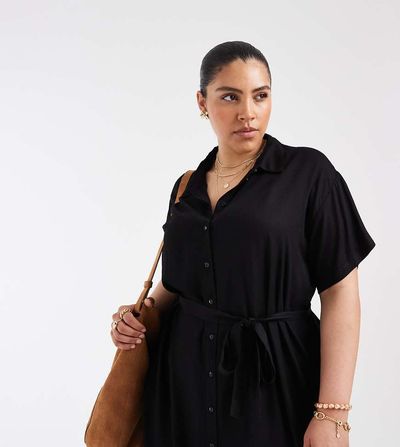 Vero Moda Curve Vero Moda Curve shirt midi dress with tie belt in black