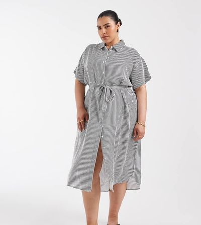 Vero Moda Curve Vero Moda Curve shirt midi dress with tie belt in navy and white stripes
