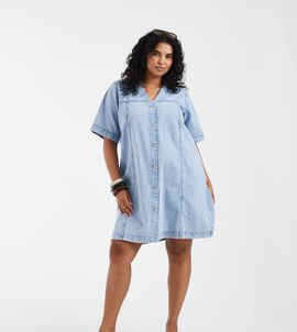 Vero Moda Curve Vero Moda Curve short sleeve button front denim mini dress in light blue wash