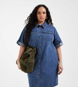 Vero Moda Curve Vero Moda Curve short sleeve button front denim mini dress in medium blue wash
