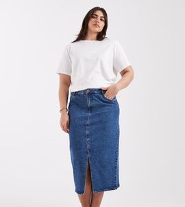 Vero Moda Curve Vero Moda Curve slit front denim midi skirt in medium blue wash
