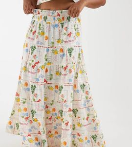 Vero Moda Curve Vero Moda Curve smock waist maxi skirt in cream beach print - part of a set-White