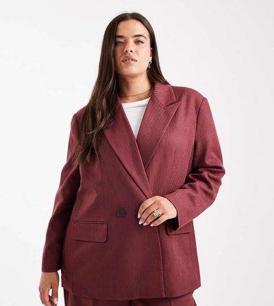 Vero Moda Curve Vero Moda Curve tailored herringbone blazer in burgundy - part of a set