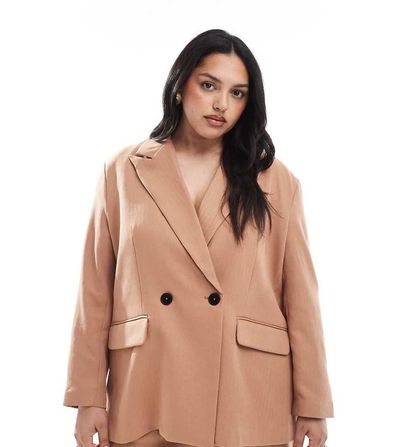 Vero Moda Curve Vero Moda Curve tailored herringbone blazer in mocha - part of a set-Brown