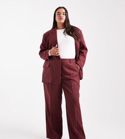 Vero Moda Curve Vero Moda Curve tailored herringbone wide leg pants in burgundy - part of a set