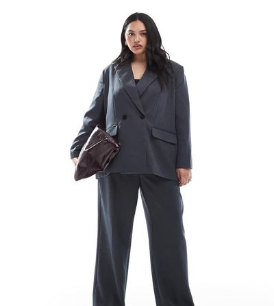 Vero Moda Curve Vero Moda Curve tailored herringbone wide leg pants in dark gray melange - part of a set