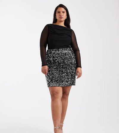 Vero Moda Curve Vero Moda Curve textured sequin mini skirt in black and silver