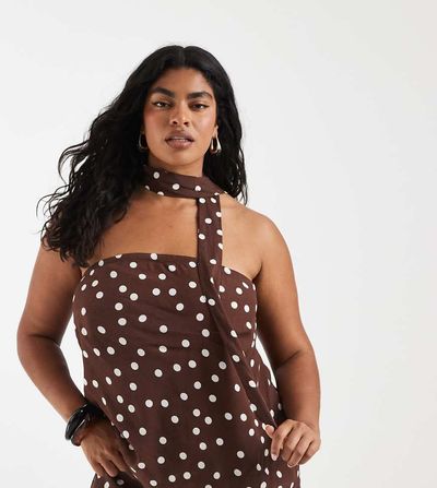 Vero Moda Curve Vero Moda Curve woven bandeau top with scarf detail in chocolate and white polka dot print - part of a set-Brown
