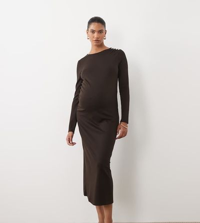 Vero Moda Maternity Vero Moda Maternity long sleeve ruched jersey midaxi dress with shoulder detail in chocolate brown