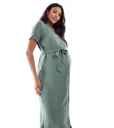Vero Moda Maternity Vero Moda Maternity midi shirt dress with tie waist in sage green