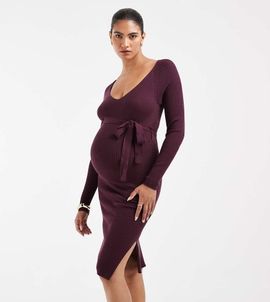 Vero Moda Maternity Vero Moda Maternity rib knit long sleeve midi dress with belt detail in burgundy-Red