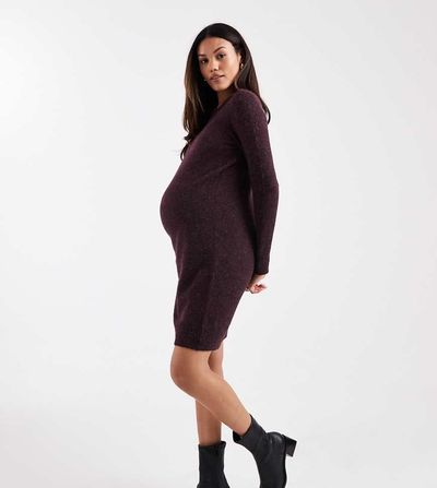 Vero Moda Maternity Vero Moda Maternity soft knit crew neck mini dress in heathered burgundy