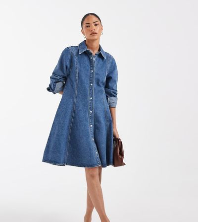 Vero Moda Petite Vero Moda Petite button up seam detailing denim mini dress in medium blue