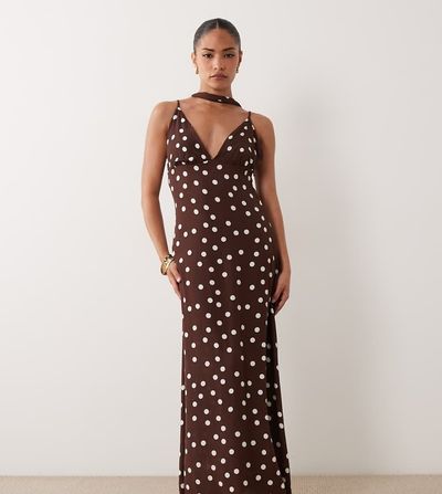 Vero Moda Petite Vero Moda Petite cami maxi dress with scarf neck detail in chocolate polka dot print-Brown