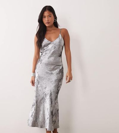 Vero Moda Petite Vero Moda Petite cami strap shimmer detail maxi dress in silver