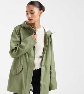 Vero Moda Petite Vero Moda Petite coated rain jacket with hood in oil green