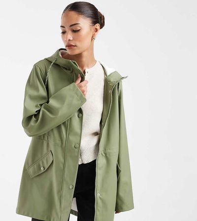 Vero Moda Petite Vero Moda Petite coated rain jacket with hood in oil green