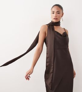 Vero Moda Petite Vero Moda Petite cowl neck satin cami midi dress with scarf detail in chocolate brown