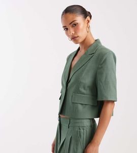 Vero Moda Petite Vero Moda Petite cropped short sleeve tailored blazer in laurel green - part of a set