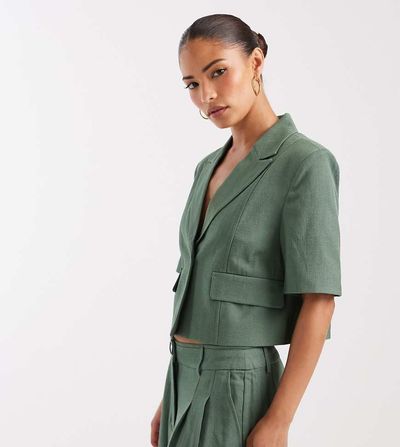 Vero Moda Petite Vero Moda Petite cropped short sleeve tailored blazer in laurel green - part of a set