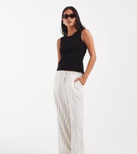 Vero Moda Petite Vero Moda Petite linen touch wide leg pants with drawstring waist in cream stripes-White