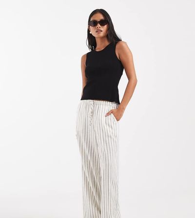 Vero Moda Petite Vero Moda Petite linen touch wide leg pants with drawstring waist in cream stripes-White