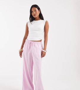 Vero Moda Petite Vero Moda Petite linen touch wide leg pants with drawstring waist in pink stripes