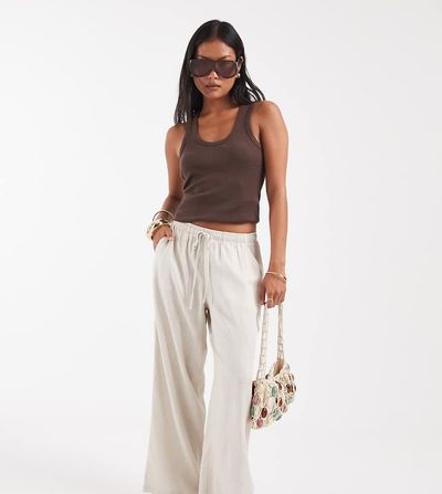 Vero Moda Petite Vero Moda Petite linen touch wide leg pants with drawstring waist in stone-Neutral