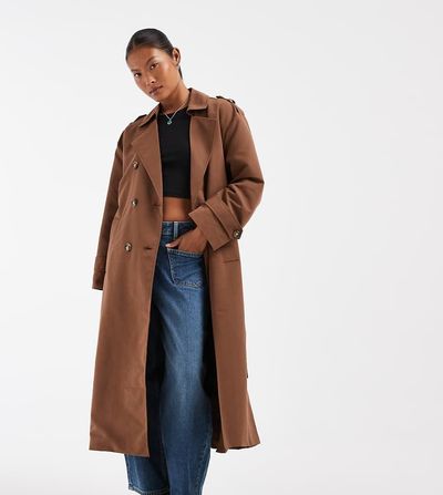 Vero Moda Petite Vero Moda Petite longline belted trench coat in brown