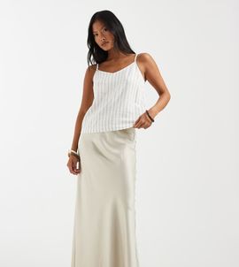 Vero Moda Petite Vero Moda Petite satin bias cut maxi skirt in stone-Neutral